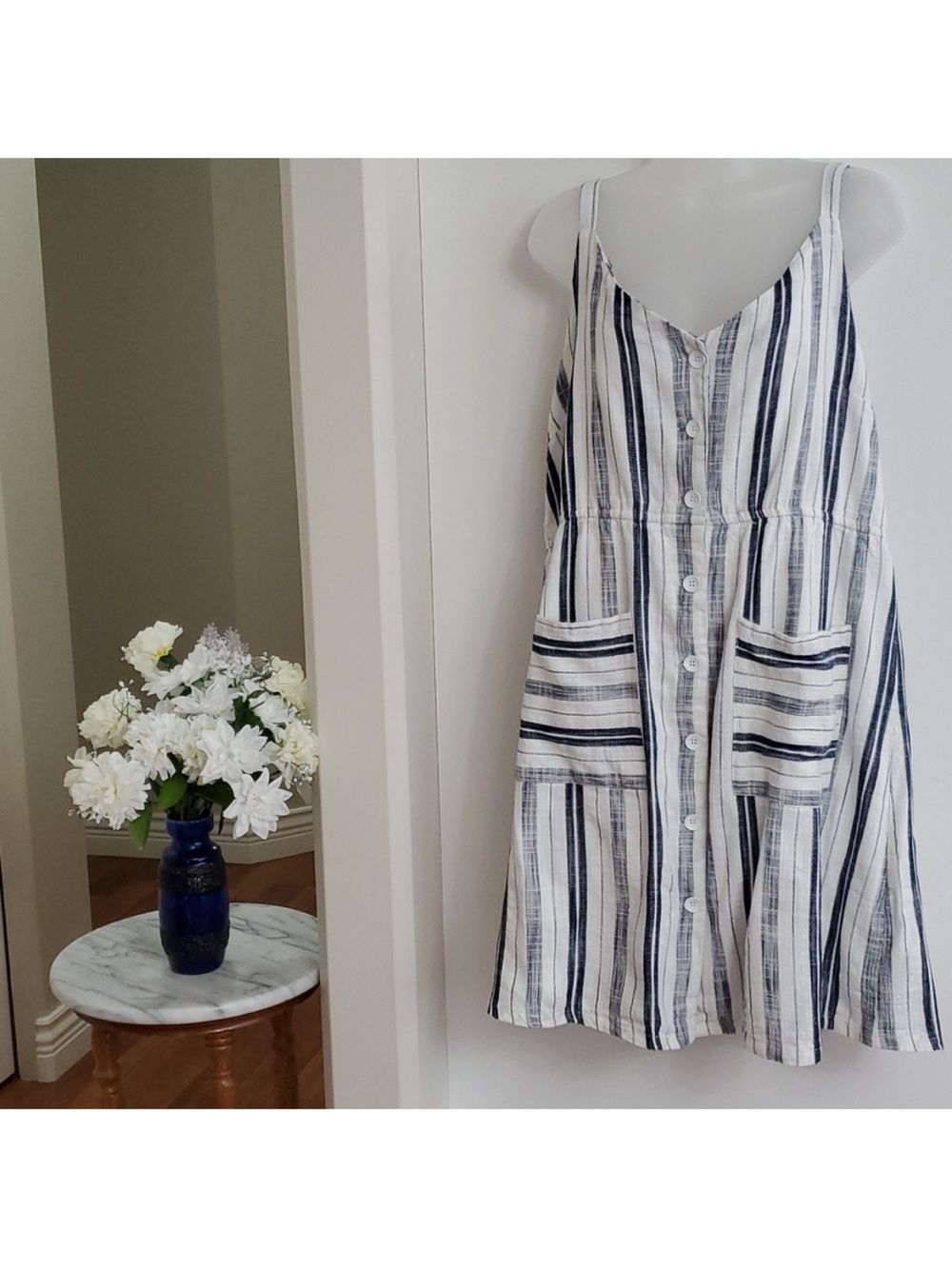 Point Zero White and Navy Linen blend Striped Button-Front Dress